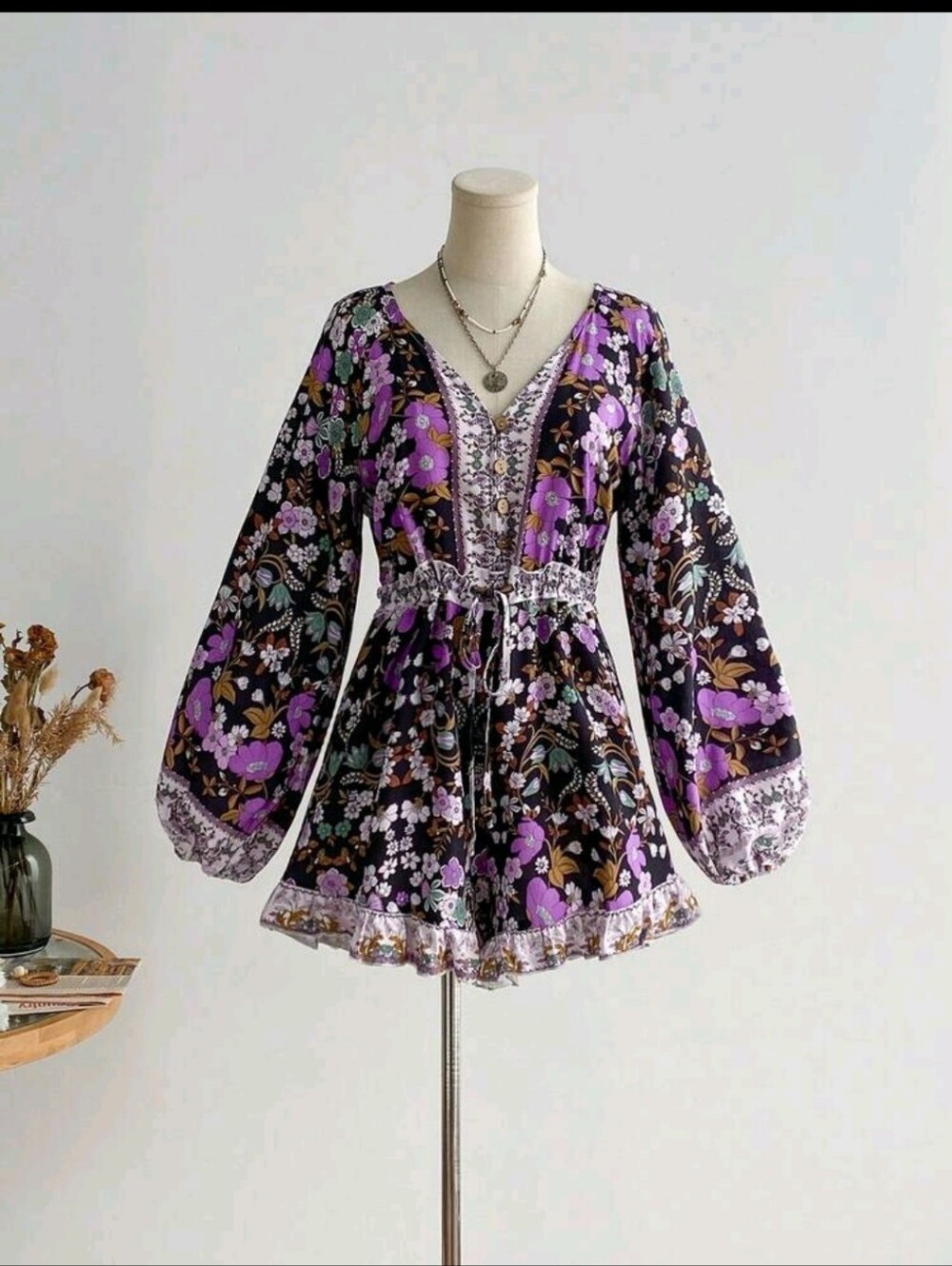 Purple Floral Boho V-Neck Peasant Romper - Picture 4 of 16